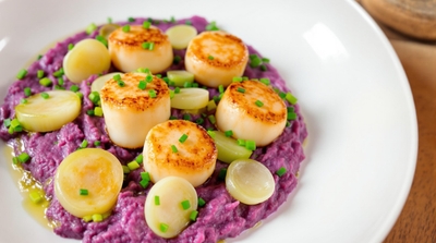 Scallop and Leek Polka Dots on Purple Mashed Potato